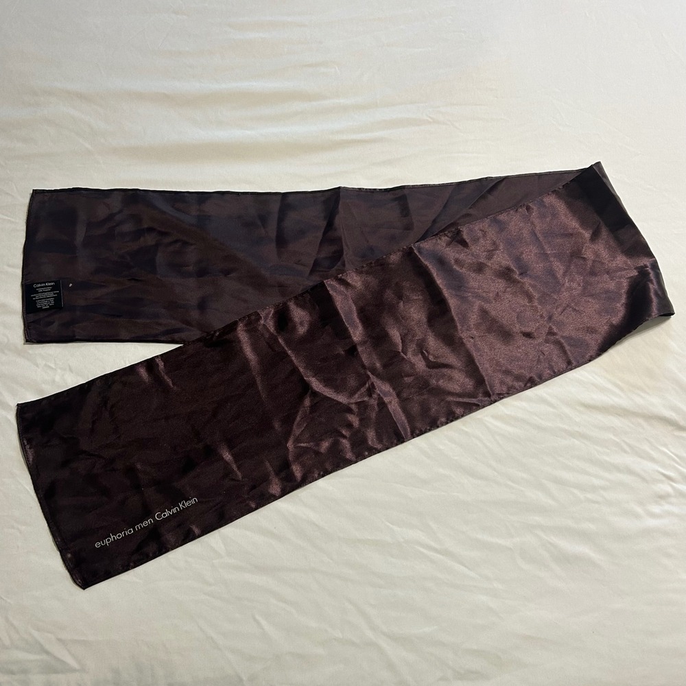 Calvin Klein Euphoria Men Brown Satin Scarf 56x8 Polyester Logo Accessory